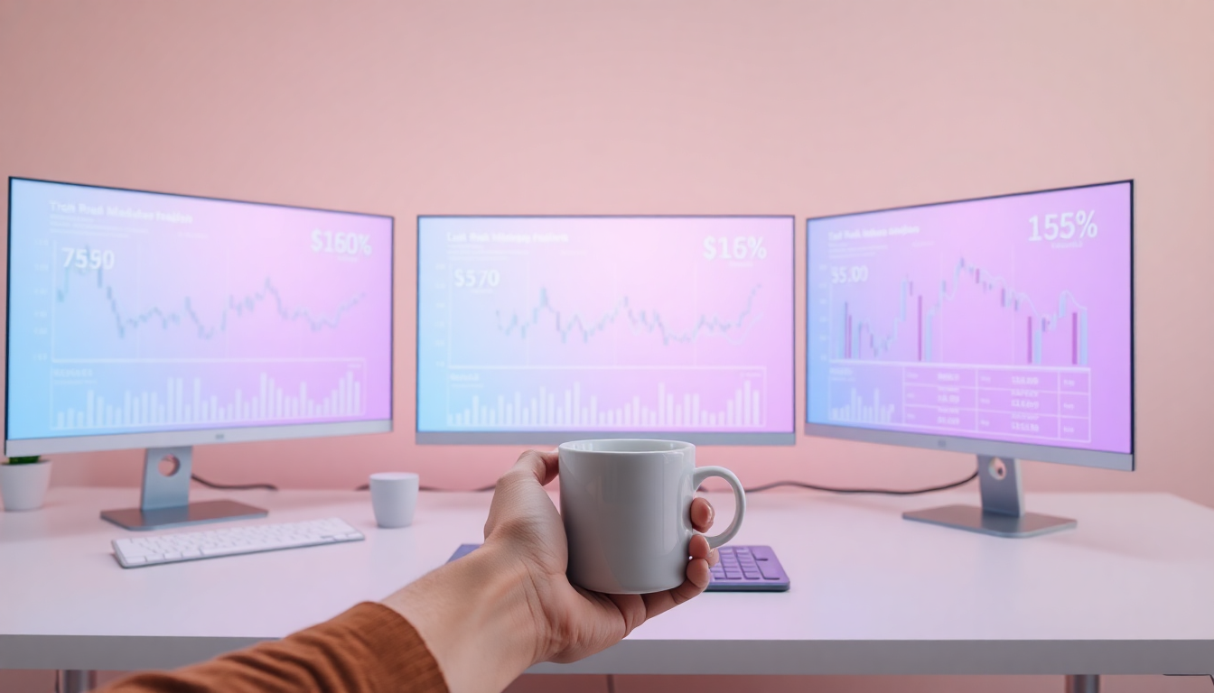현직 퀀트 트레이더의 하루 일과와 업무 환경을 나타내는 부드러운 3D 오피스 책상과 알고리즘 모니터, 커피 컵을 든 손을 표현한 장면