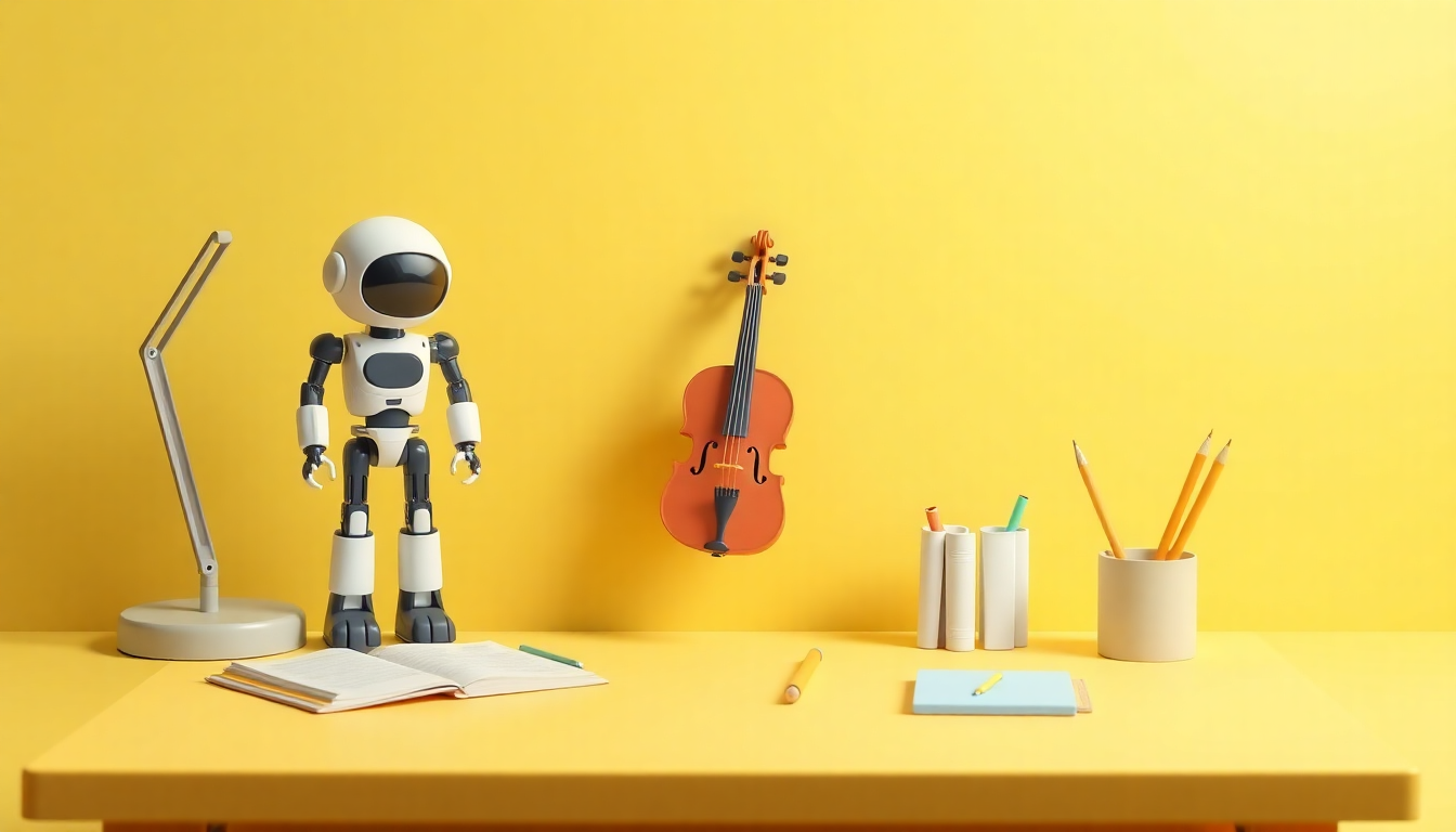 지원금 스마트 활용 꿀팁을 보여주는 코딩 로봇, 바이올린, 책과 연필이 있는 아동 책상 클레이 모델 이미지