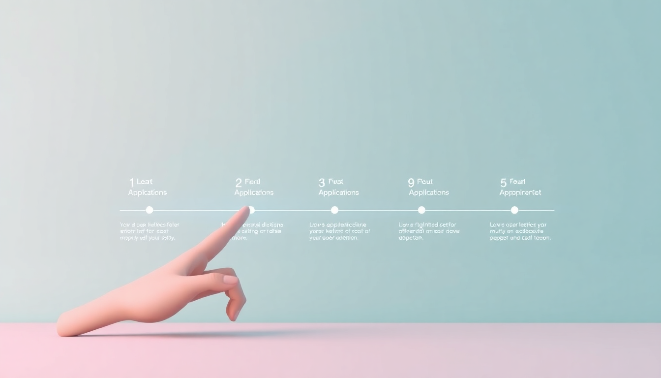 대출 절차의 중요 단계를 디지털 타임라인과 손 제스처로 부드럽고 현대적으로 표현한 이미지