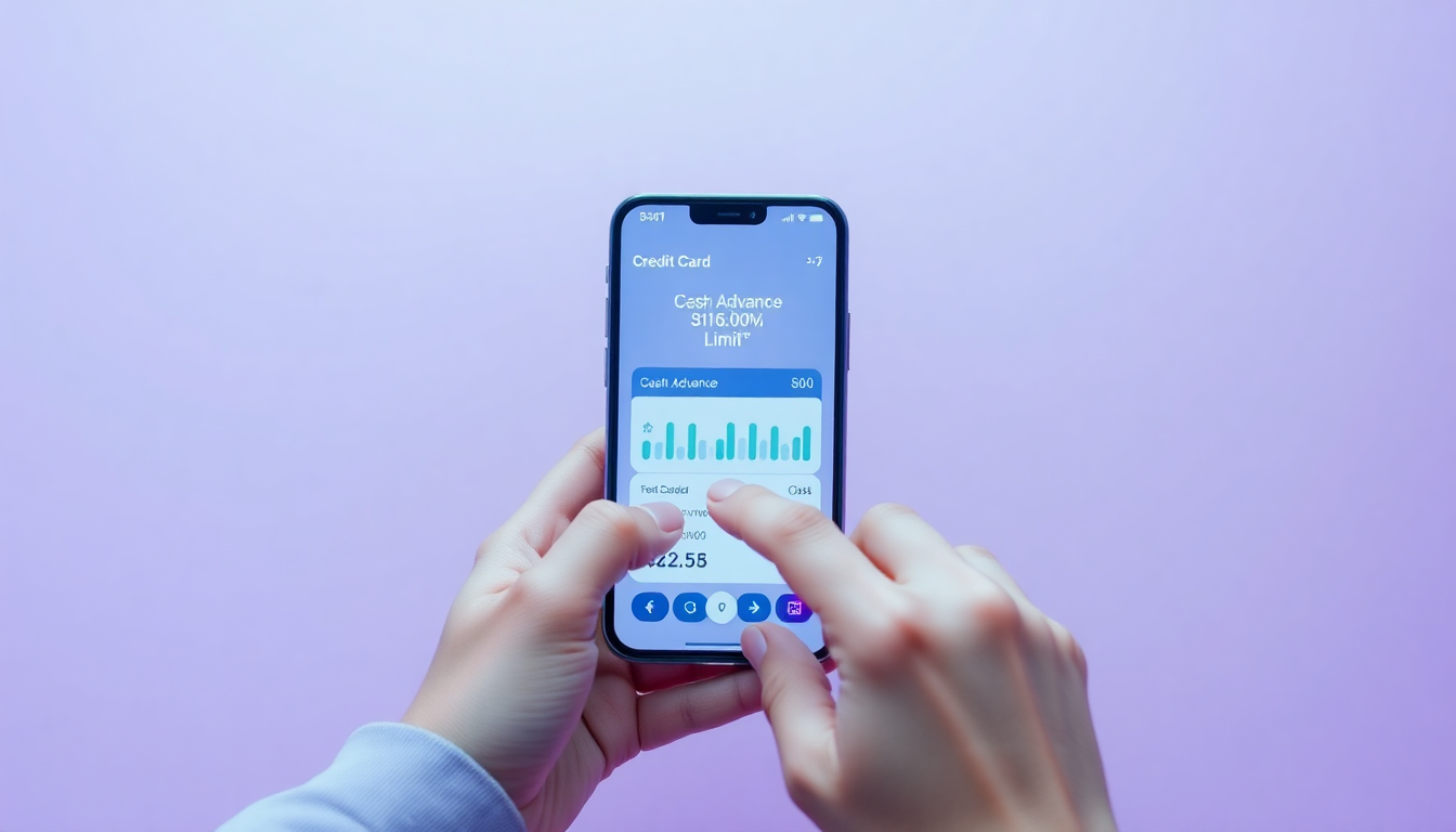 현금서비스 이용방법 및 한도를 보여주는 모바일 화면과 손이 함께 있는 모습, 매트한 플라스틱 질감과 파스텔톤 배경으로 세련되게 표현