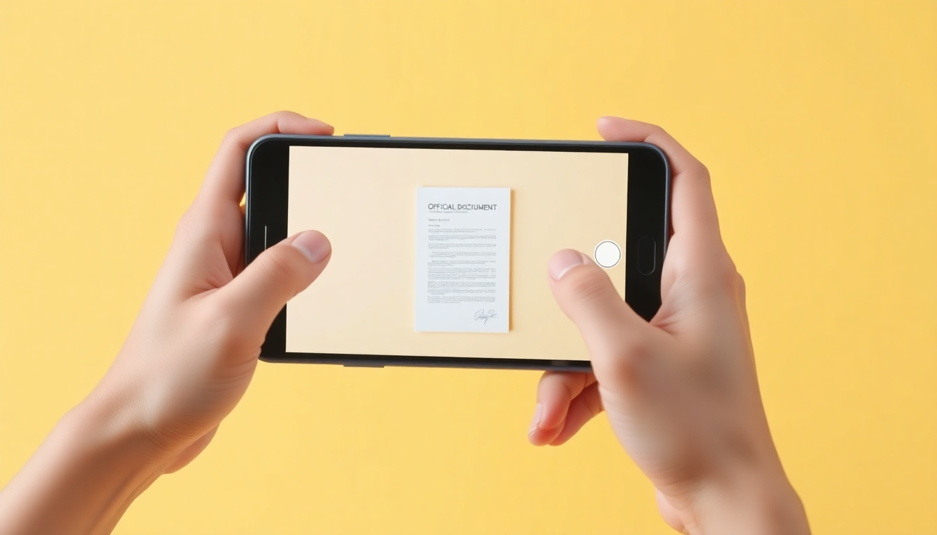 비대면 해촉증명서 제출을 위해 스마트폰으로 서류를 촬영하는 손의 모습을 표현한 이미지