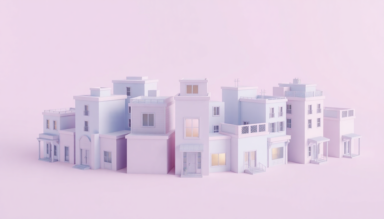 오피스텔 및 빌라의 주거용 포함 여부를 설명하는 부드러운 파스텔 톤 3D 렌더링 클러스터