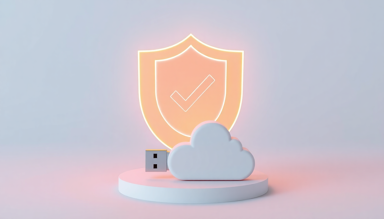 USB와 클라우드 아이콘 위에 체크 표시가 있는 빛나는 방패를 통해 안전한 인증서 보관을 묘사한 부드러운 3D 렌더링 이미지