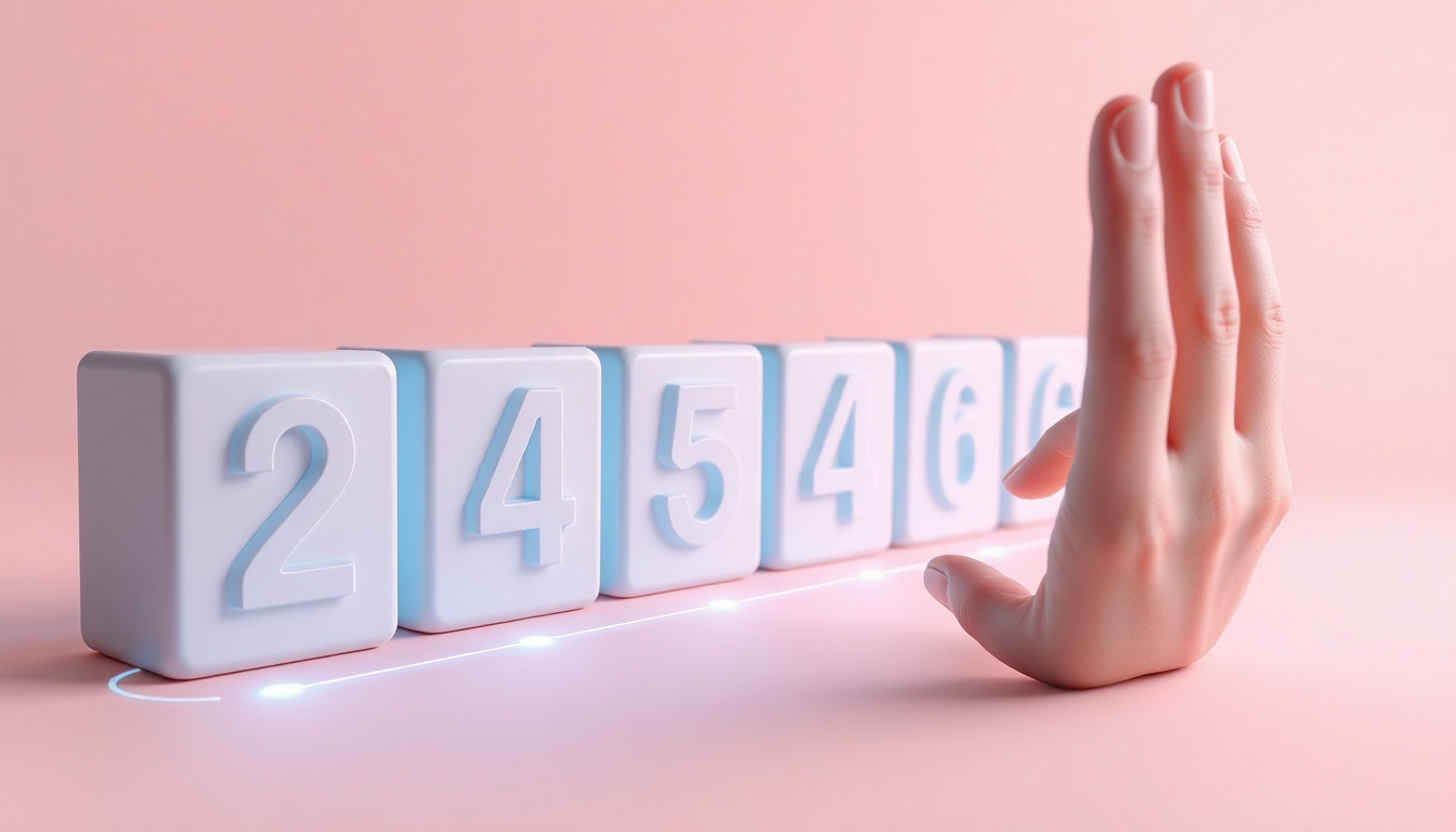 5단계 등록 프로세스를 매트한 플라스틱 블록으로 부드럽게 연결하고, 손이 상호작용하는 모습을 표현한 이미지