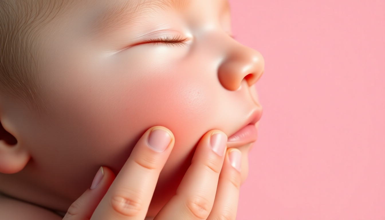 붉게 올라온 신생아 아기 얼굴에 오돌토돌한 발진이 나타난 구체적인 장면을 부드러운 손길이 피부를 살피는 모습과 함께 표현