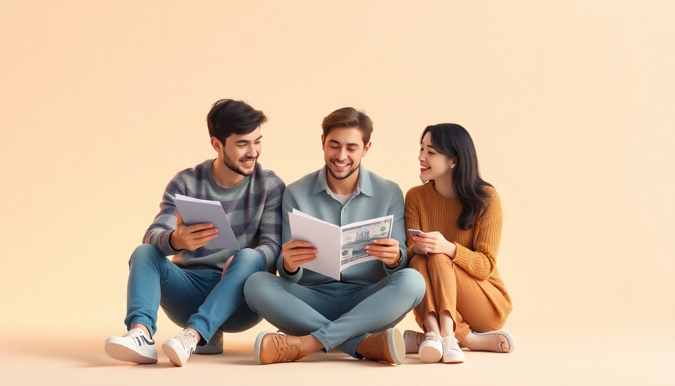 청년들이 미래의 재정 계획을 세우는 모습을 미니멀한 파스텔 톤 배경과 함께 현대적이고 고급스러운 편집 스타일로 표현한 이미지