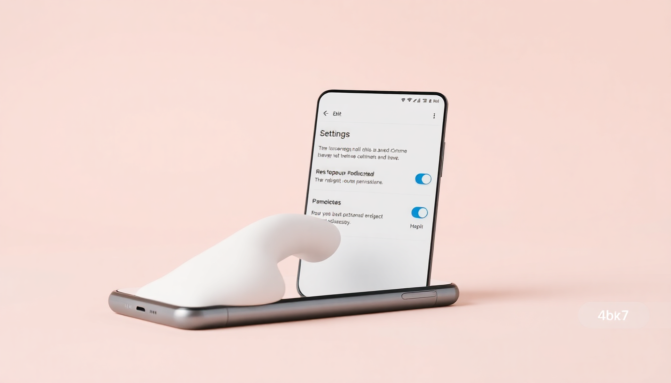 갤럭시 크롬 브라우저에서 팝업 차단 해제를 위해 설정 메뉴에서 스위치를 켜는 손가락과 스마트폰을 클레이 질감으로 표현한 이미지