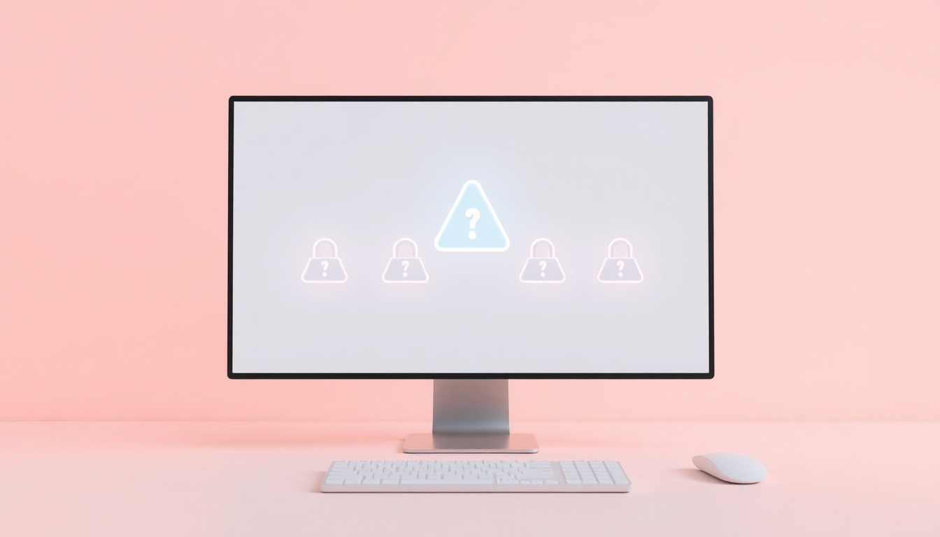 '검열 해제 모드'가 존재하지 않는다는 사실을 상징하는 잠긴 컴퓨터 화면과 희미하게 사라지는 경고 아이콘을 현대적인 3D 스타일로 표현한 장면