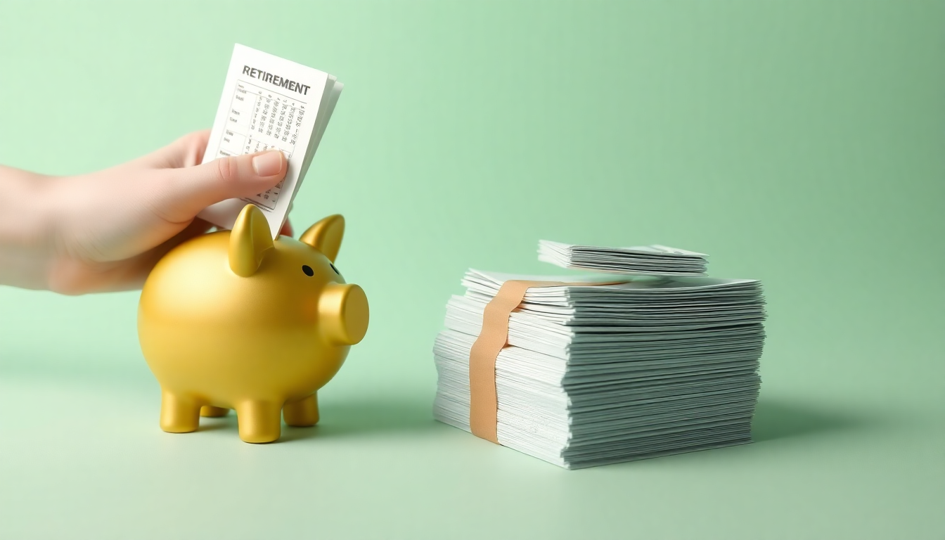 퇴직소득세와 종합소득세 구분을 은유적으로 표현한 손이 퇴직금 돼지저금통과 월급 명세서를 구분하는 모습