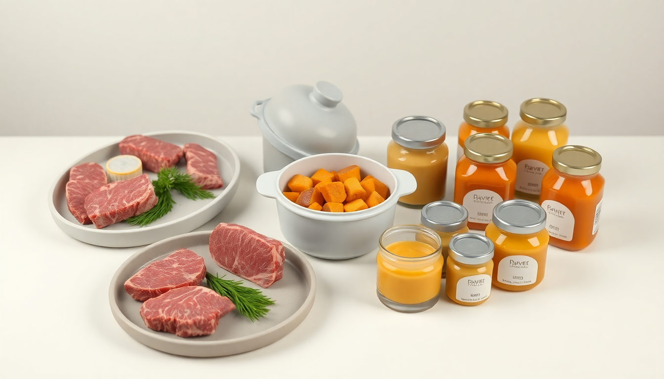 육아 준비물로 신선한 소고기 부위, 실리콘 찜기, 시판 이유식 병들이 깔끔하게 놓여진 장면