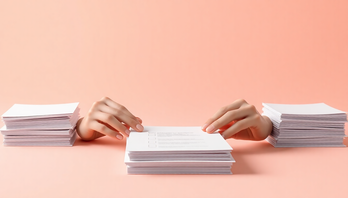 신청 서류 제출 및 확인 절차를 나타내는 손과 서류 더미의 미니멀리스트 3D 일러스트