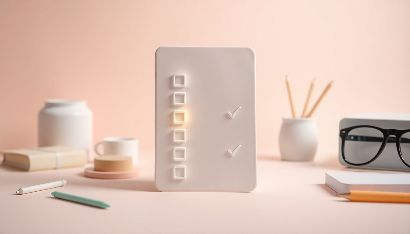 절세를 위해 필수 체크리스트를 꼼꼼히 확인하는 모습을 클레이 질감과 부드러운 3D로 표현한 이미지