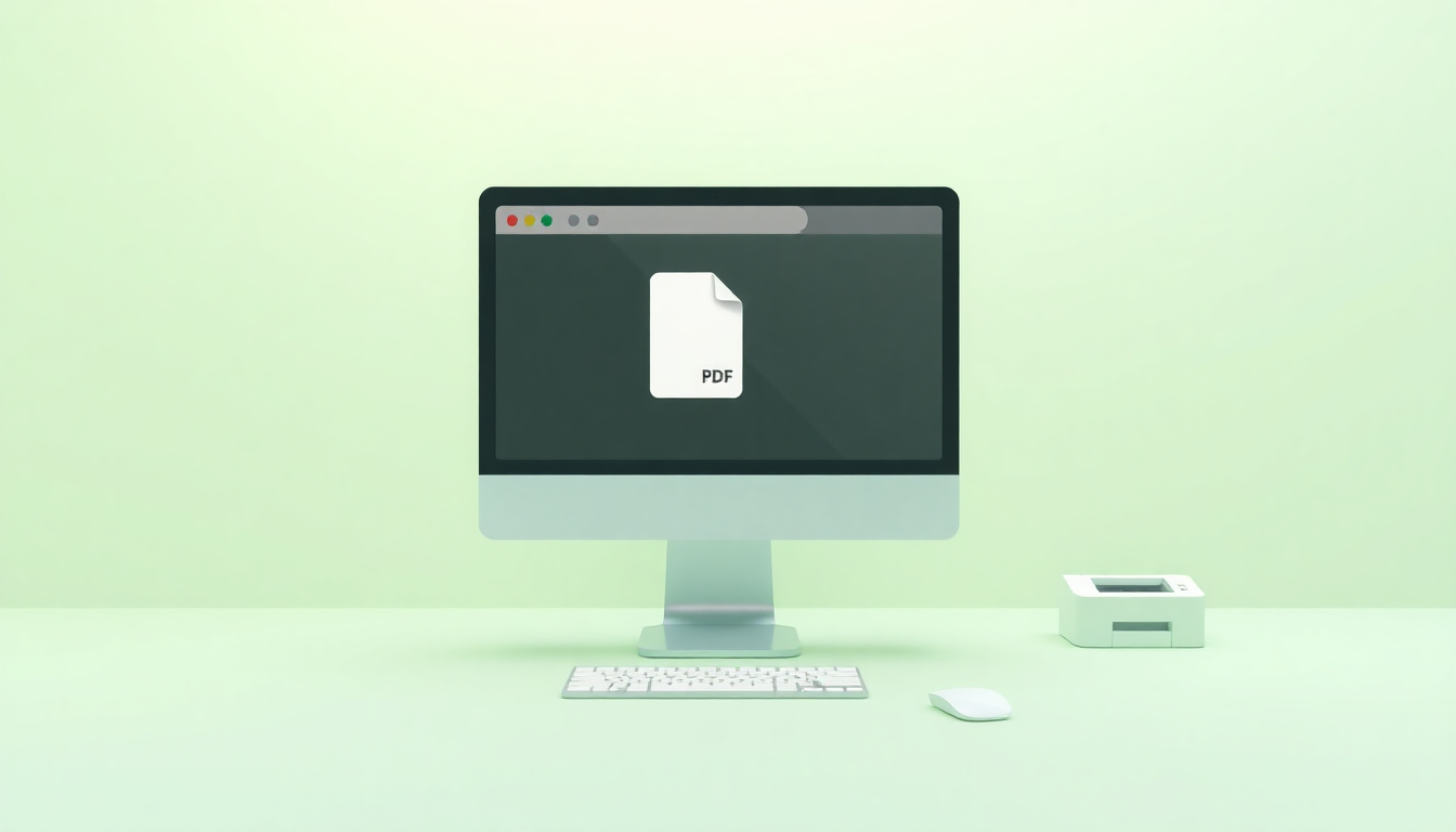 PC 인터넷뱅킹에서 통장사본을 PDF로 저장하거나 출력하는 과정을 보여주는 부드러운 3D 렌더링, 파스텔톤 배경