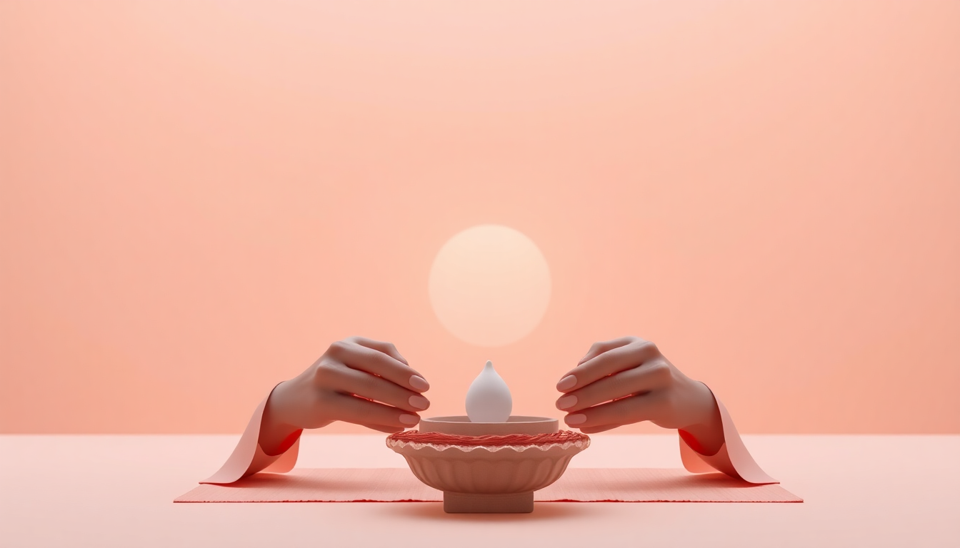 동쪽을 향해 해 뜨기 전 조용하고 차분하게 삼신상을 차리는 손과 전통 상차림 장면을 부드러운 3D 매트 플라스틱 질감으로 표현