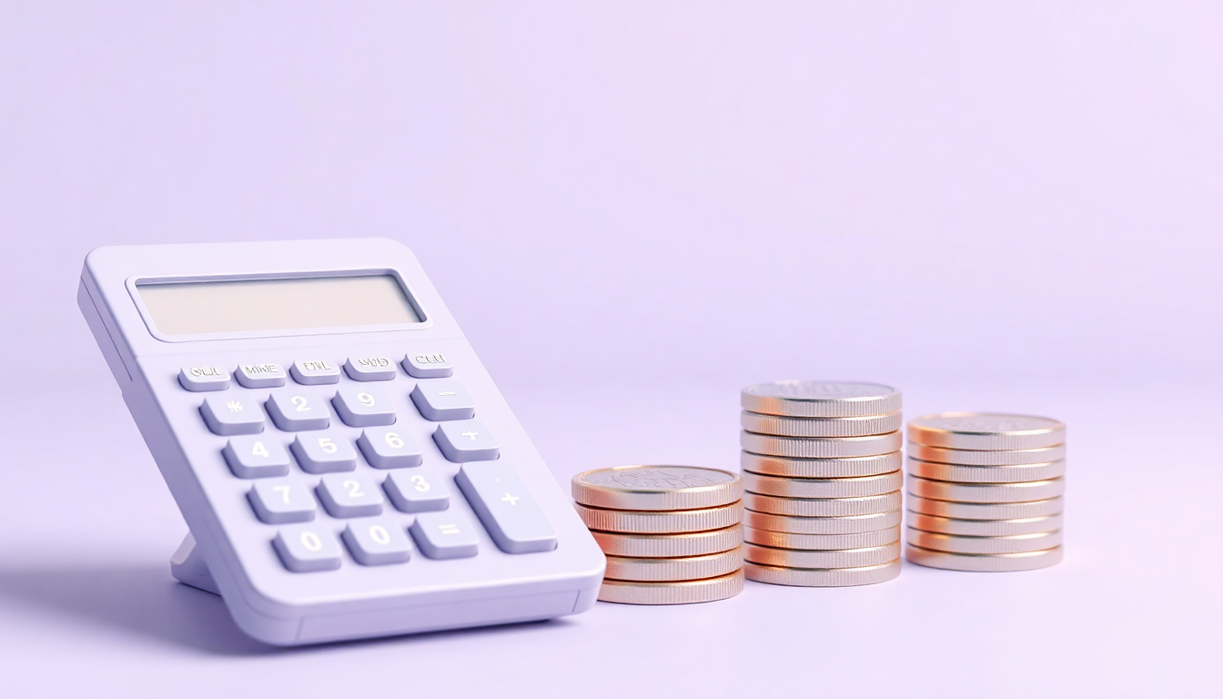 예상 수령 금액 계산을 상징하는 금융 계산기와 동전 더미를 부드러운 3D 렌더링으로 표현한 이미지