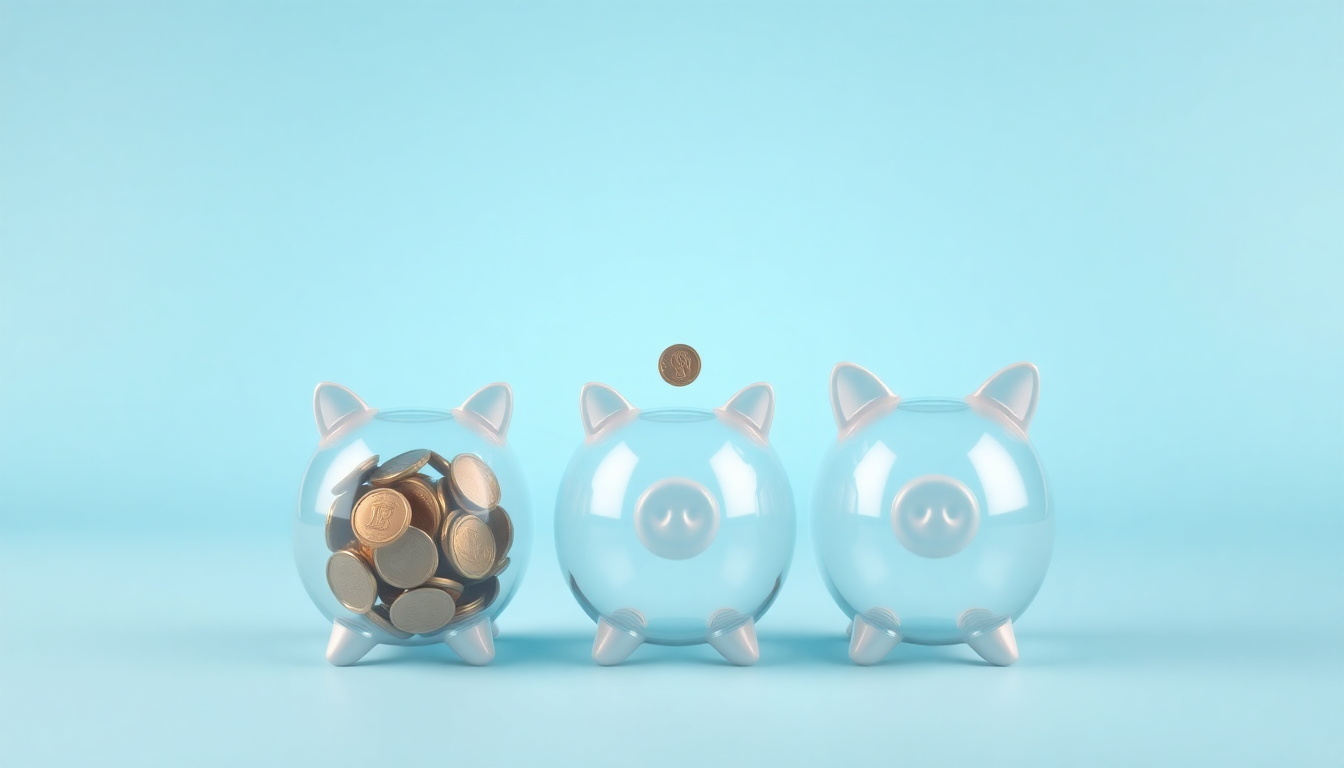 희망저축계좌2의 핵심 요약을 표현한 부드러운 3D 클레이 모형의 투명 돼지 저금통 3개가 월별 저축과 정부 매칭금을 상징적으로 보여주는 이미지