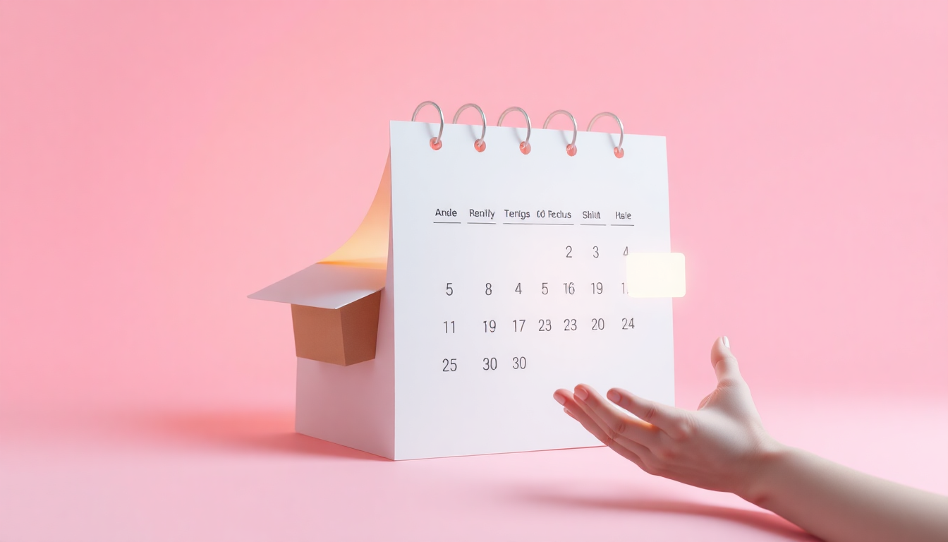 내일배움카드 신청부터 카드 수령까지의 시간을 표현하는 달력과 배달 상자, 기다리는 손을 묘사한 현대적 3D 이미지