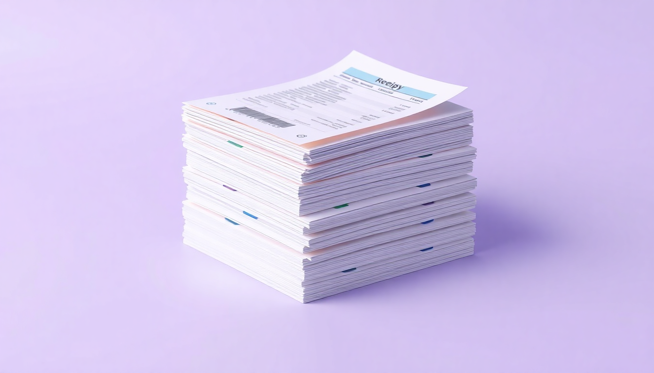 신청 필수 서류 목록을 영수증, 에너지 라벨, 바코드 명판 등의 서류가 정돈된 형태로 부드럽게 3D 렌더링하여 표현