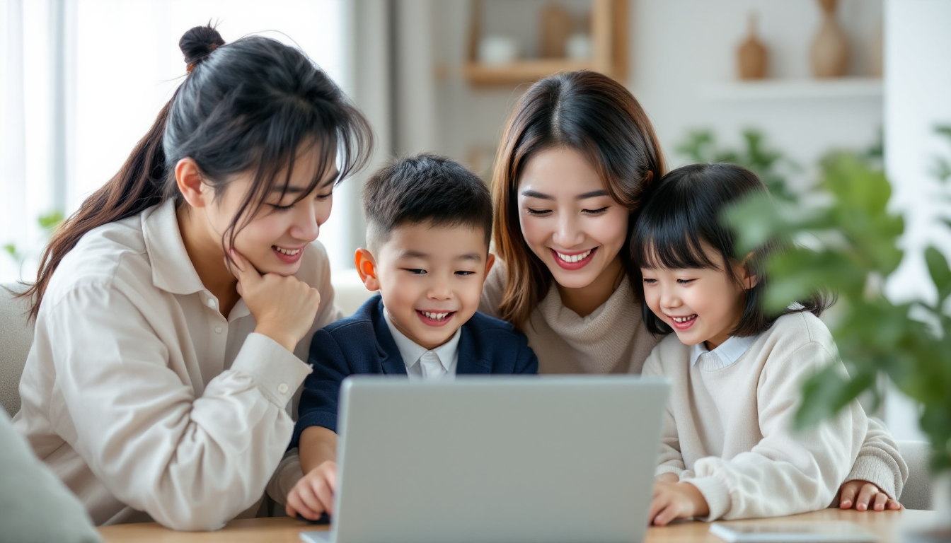 가족이 집에서 가족 관계 증명서 인터넷 발급을 위해 노트북을 사용하는 모습