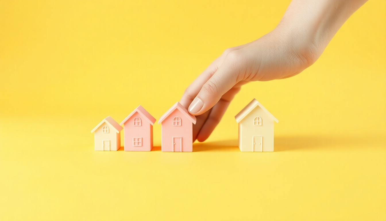 양도세 중과 유예와 절세법을 상징하는 손이 크고 작은 집들을 순서대로 정리하는 클레이 스타일 3D 장면