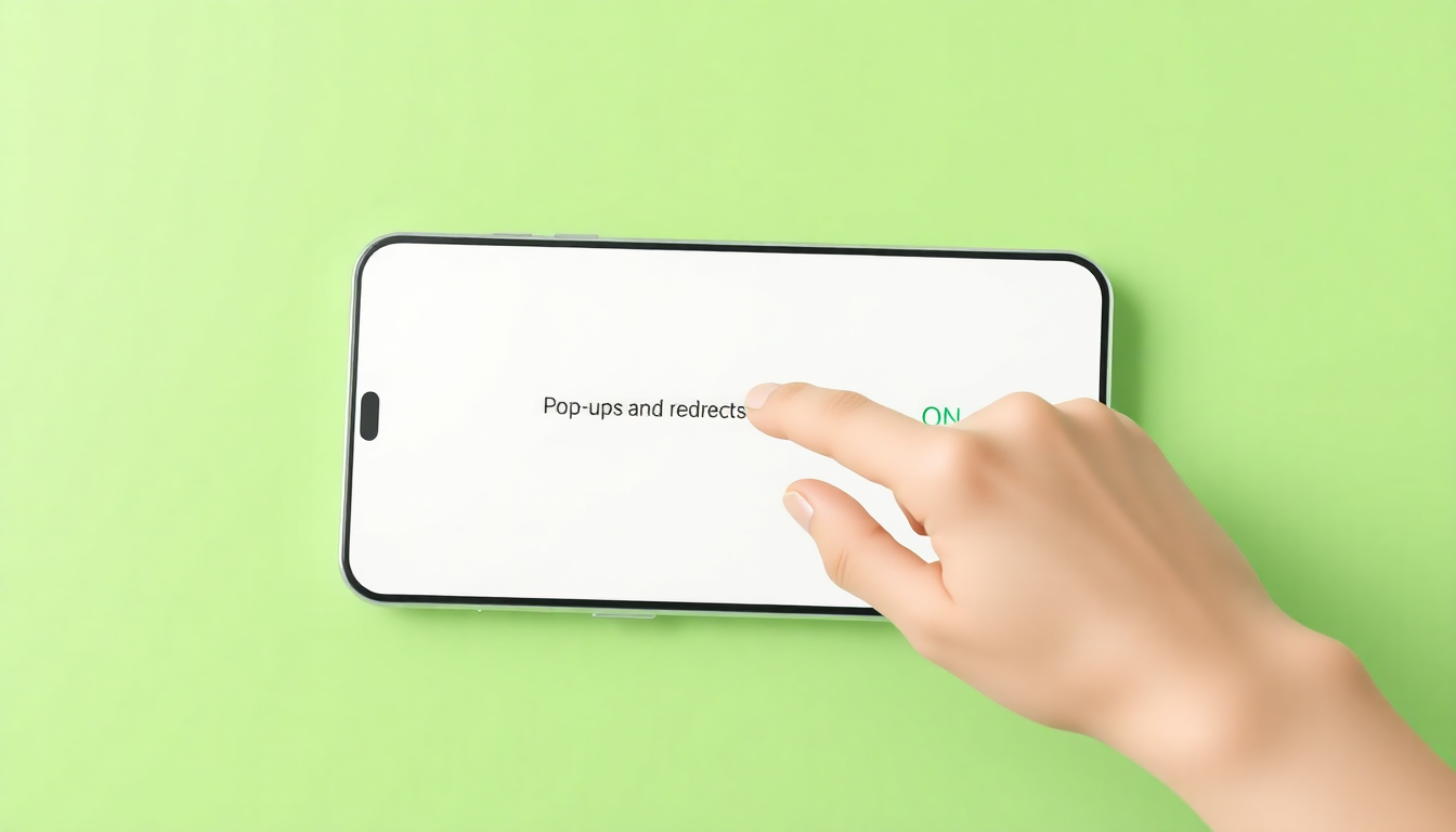 안드로이드 스마트폰에서 크롬 브라우저의 팝업 및 리디렉션 설정을 손으로 켜는 모습을 클레이 질감과 부드러운 조명으로 표현