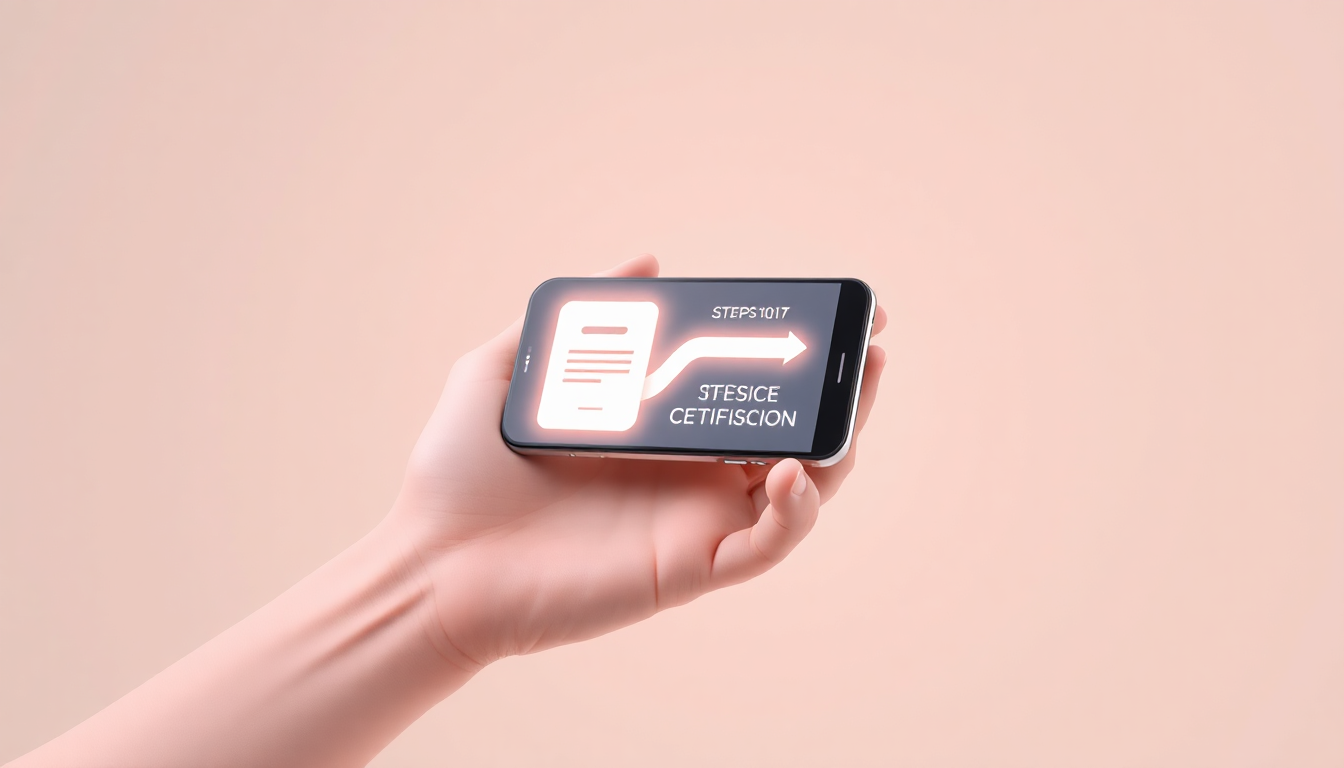 모바일 인증서 발급 3단계 과정을 손에 들린 스마트폰과 함께 형상화한 부드러운 클레이 3D 모델