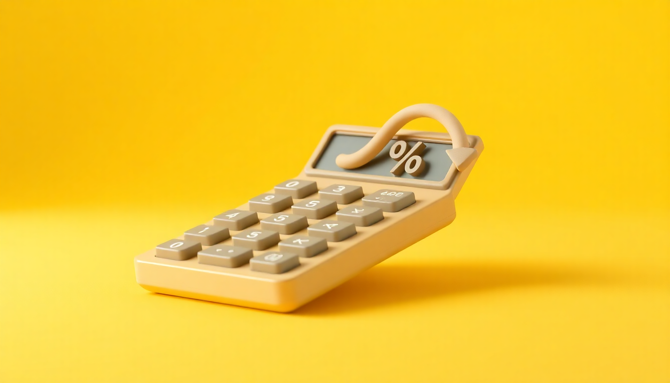 현금서비스 이자 계산기를 상징하는 퍼센트 기호와 화살표가 어우러진 점토 질감 계산기 장면을 파스텔톤 배경과 함께 세련되게 표현