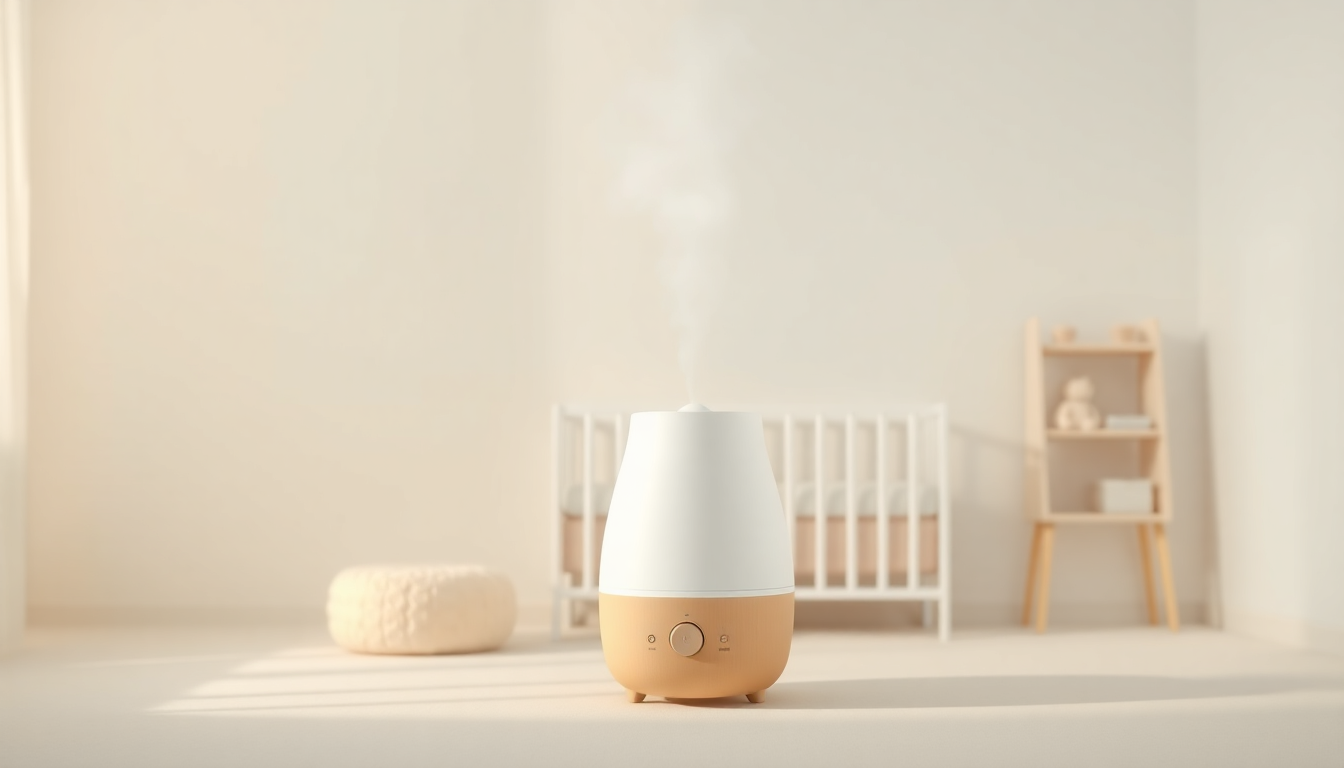 아기 방에서 가습기가 부드러운 안개를 내뿜는 평화롭고 세련된 편집 이미지