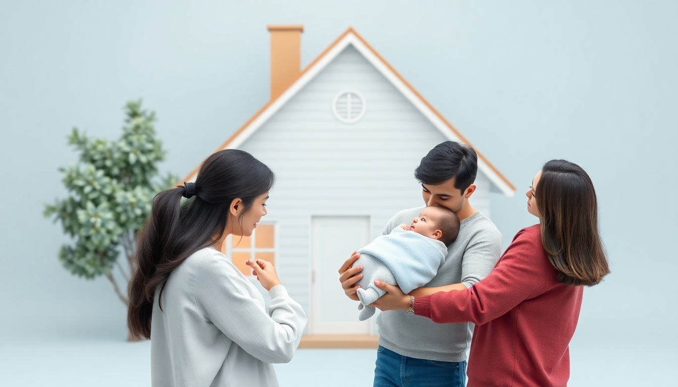 신생아 취득세 감면 개요를 나타내는 신생아와 새 집 앞에 선 가족의 부드러운 3D 렌더링 이미지