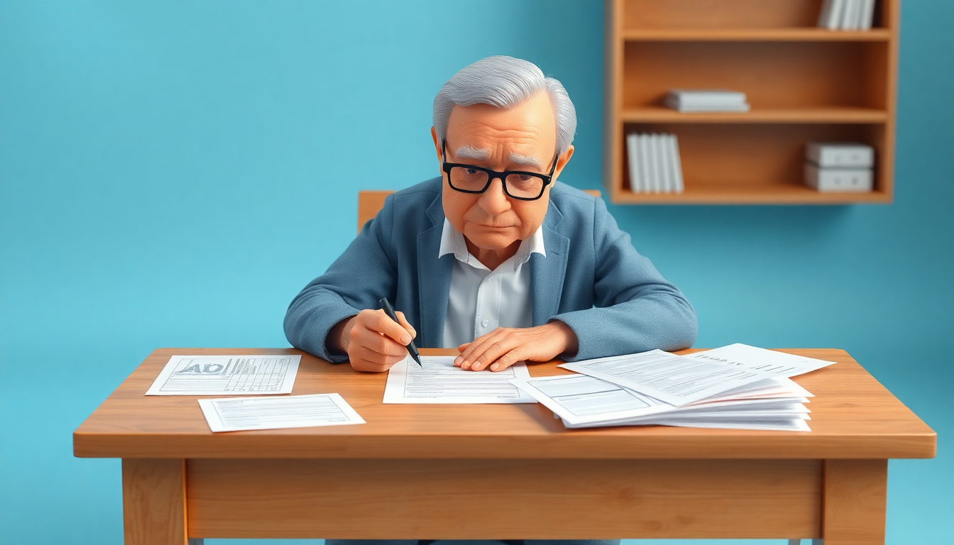퇴직 후 종합소득세 신고 대상에 대해 혼란스러워하는 퇴직자가 책상 앞에서 세금 서류를 작성하려고 손에 펜을 들고 있는 구체적인 장면