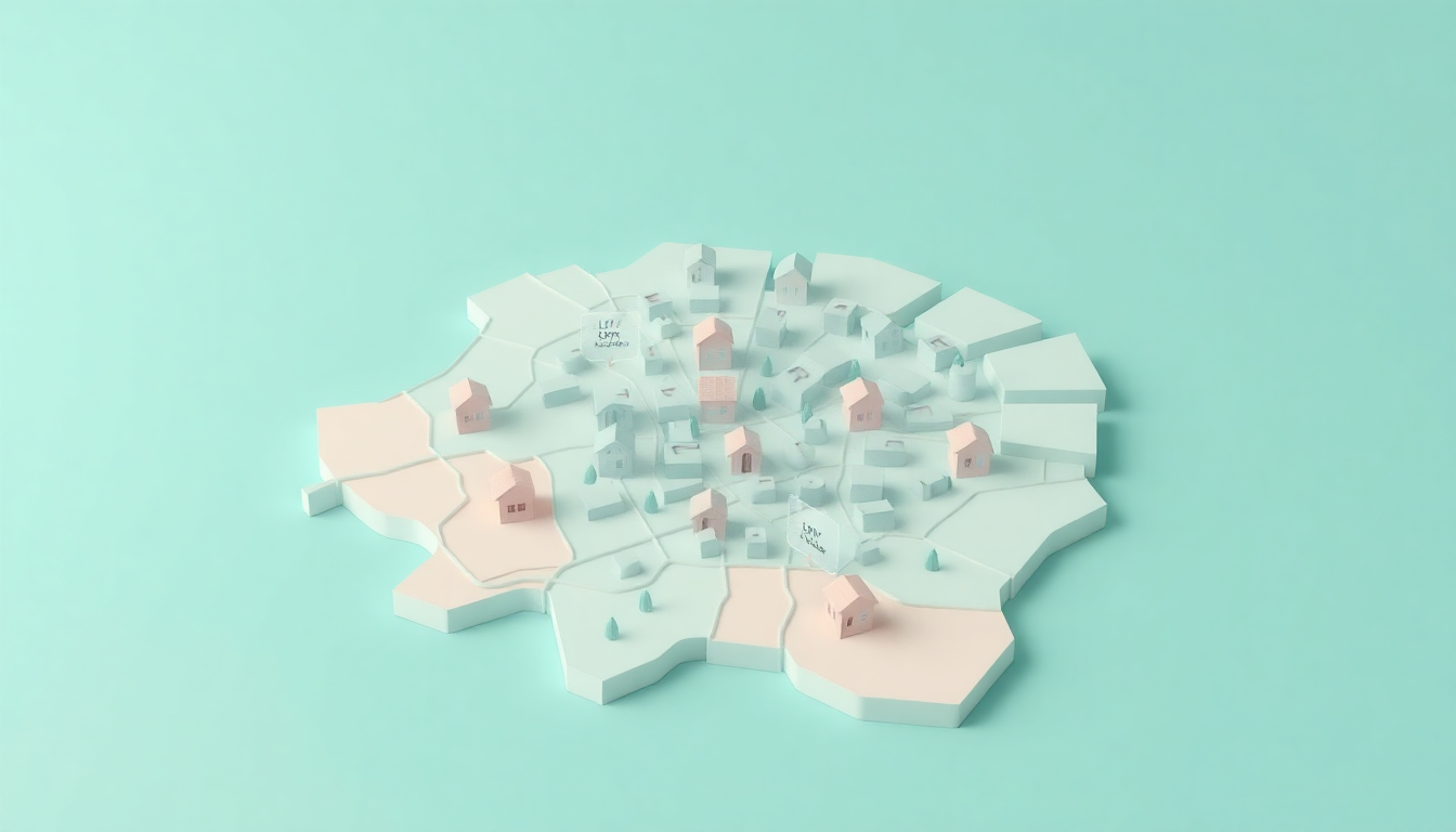지역별 대출 규제와 LTV 차이를 보여주는 도시 지도가 파스텔 톤 구역과 아파트 아이콘으로 구분된 3D 모델