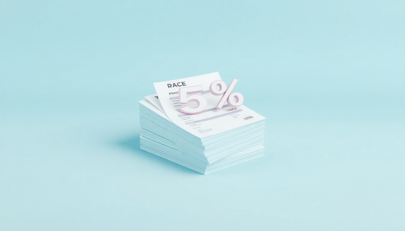 2026년 자동차세 연납 할인 혜택을 상징적으로 표현한 3D 인보이스 더미와 그 위에 빛나는 5% 할인 기호가 떠 있는 모습