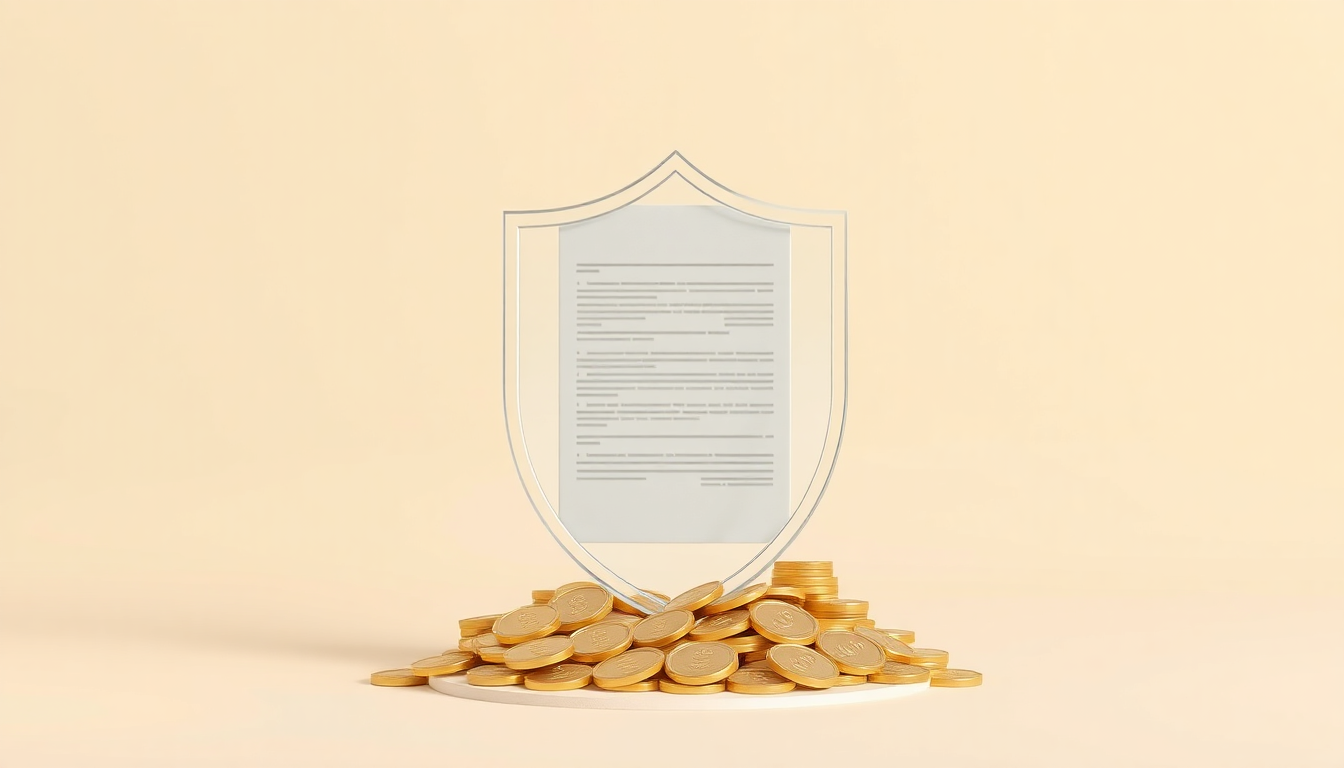 신고 누락 시 불이익을 상징하는 투명 방패가 황금 동전을 보호하는 3D 클레이 일러스트