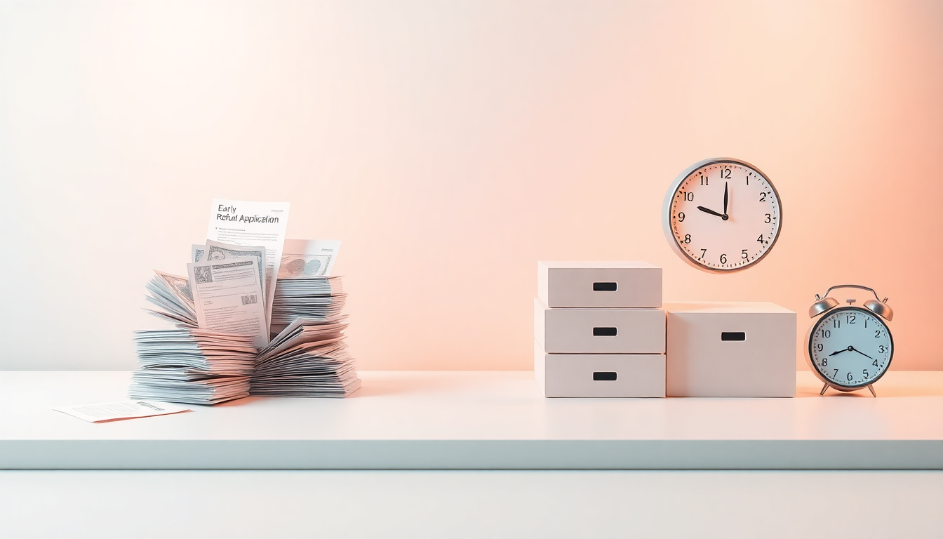 회사별 지급일 차이를 표현하기 위해 두 가지 대비되는 사무실 환경과 시계를 통해 조기 환급과 지연 상황을 보여주는 3D 매트 플라스틱 조각상 이미지