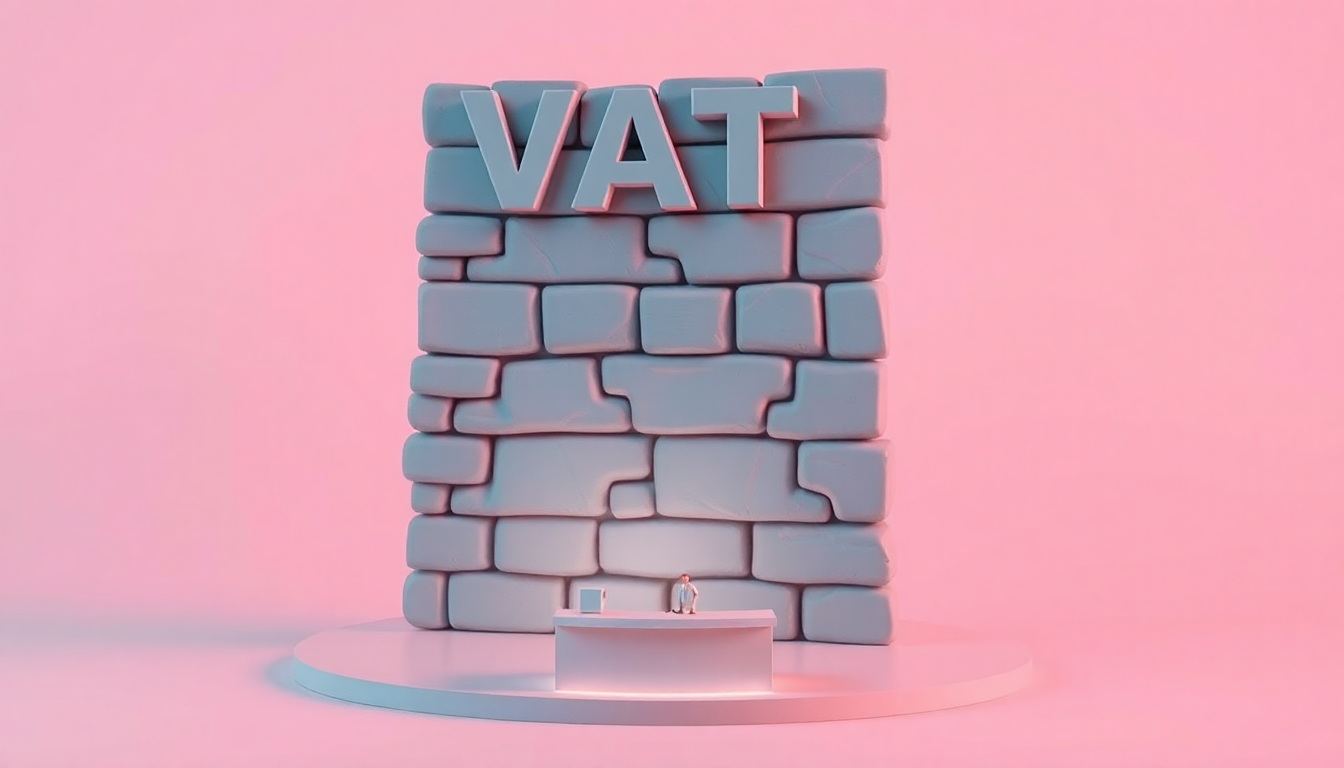 부가가치세 신고가 사업자에게 부담으로 다가오는 거대한 벽을 클레이 질감의 부드러운 3D로 표현한 이미지