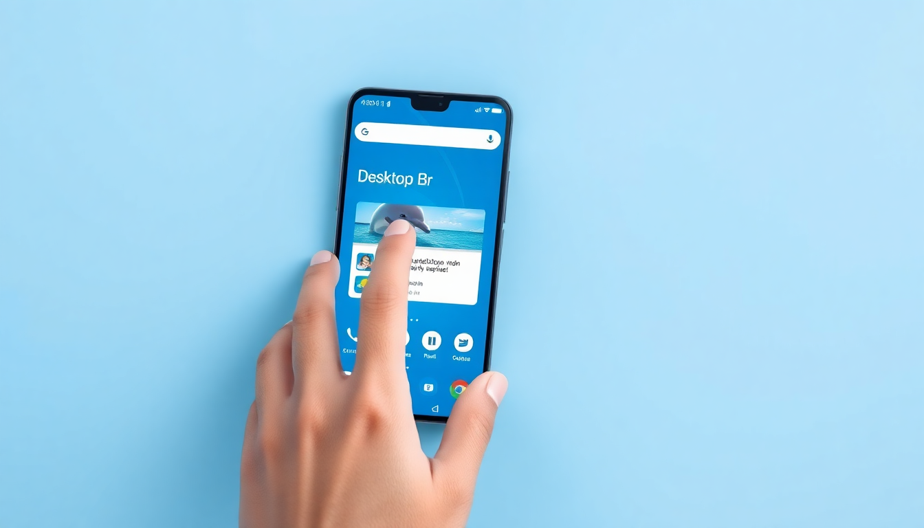 모바일에서 돌핀 브라우저를 설치하고 데스크톱 모드를 활성화하는 장면을 부드러운 3D 스타일로 표현, 손가락이 화면을 터치하는 모습