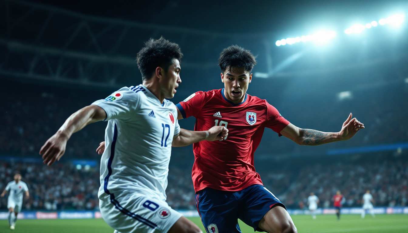 아시아컵 4강에서 일본과 겨루는 한국 U23 팀의 긴장감 넘치는 경기 장면