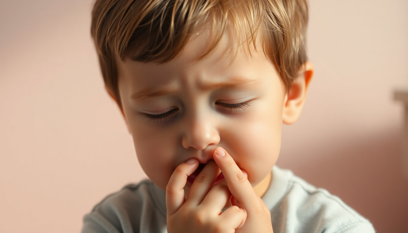 기침하는 어린 아이를 부드럽고 미니멀한 파스텔 색 배경에서 포착한 현대적이고 세련된 이미지