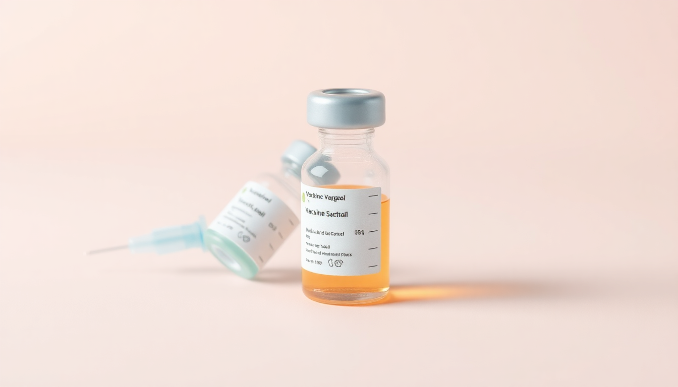 깨끗한 파스텔 배경 위에 백신 바이알과 주사기를 미니멀하고 현대적으로 표현한 이미지