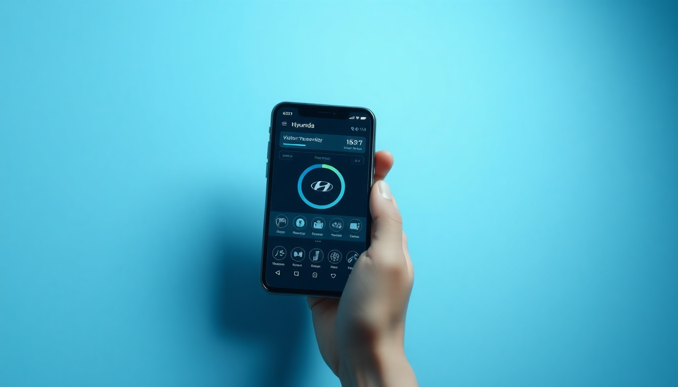 현대자동차 통합 방문 예약 시스템에서 방문신청 확인을 위해 휴대폰을 들고 있는 손과 복잡한 예약 대기 화면을 보여주는 장면