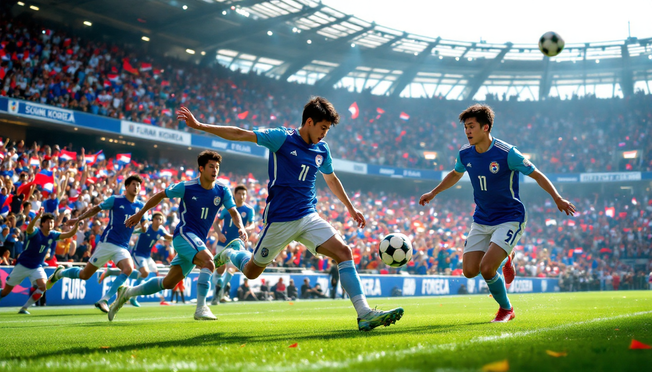 활기차고 역동적인 한국 U23 축구팀 경기 장면