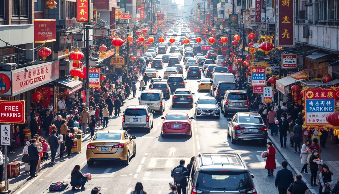 설날 명절 도심에서 주차 공간을 찾아 헤매는 차량과 사람들 모습