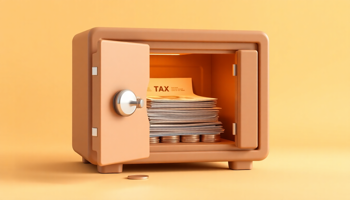 세금 폭탄 방어 가이드를 상징하는 안전 금고가 열리며 안에 부드럽게 빛나는 동전과 서류가 들어있는 3D 클레이 이미지