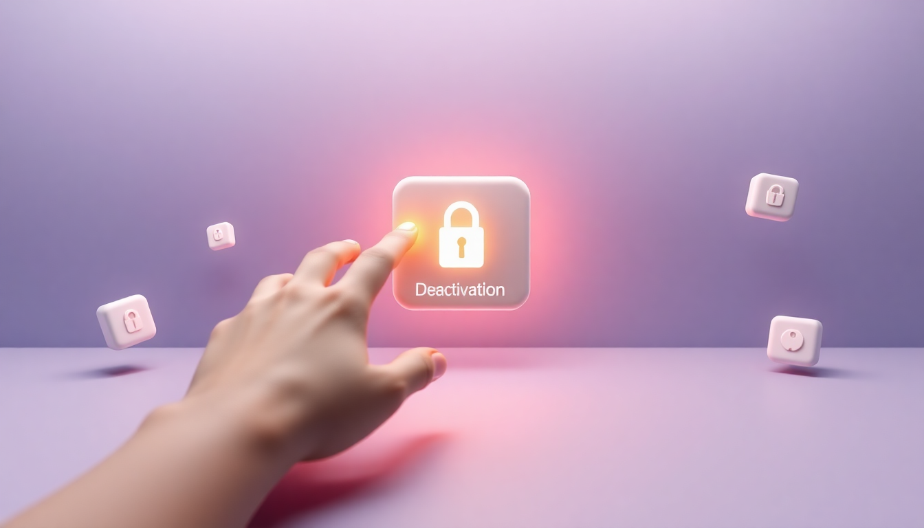 인스타 계정 비활성화 절차를 손이 버튼을 누르는 장면으로 은유한 부드러운 3D 클레이 스타일 이미지