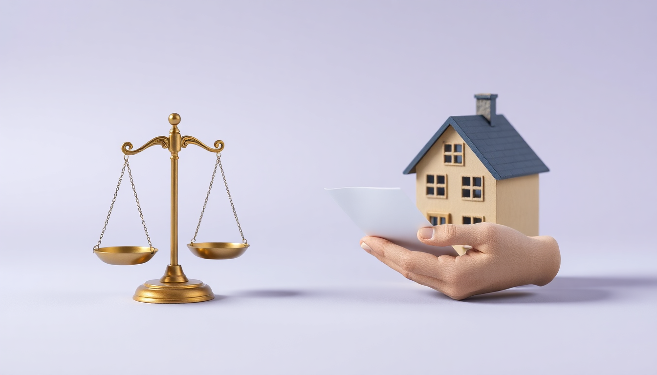 법무사의 역할과 소요 기간을 묘사하는 고전적인 법의 저울과 집 모형, 법무 서류를 주고받는 손의 부드러운 3D 클레이 표현