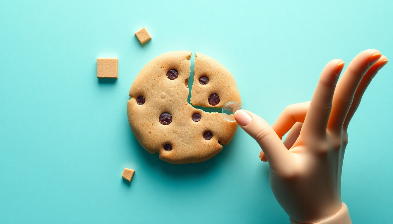 브라우저 쿠키 충돌 문제를 상징하는 깨진 쿠키 아이콘과 새로 고침 버튼을 누르는 손을 묘사한 3D 이미지