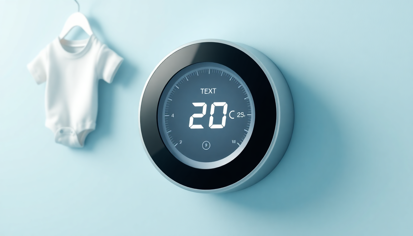 아기 태열 관리를 위해 실내 온도를 20~22도에 맞추고, 통기성 좋은 순면 옷이 걸려있는 모습의 구체적인 장면