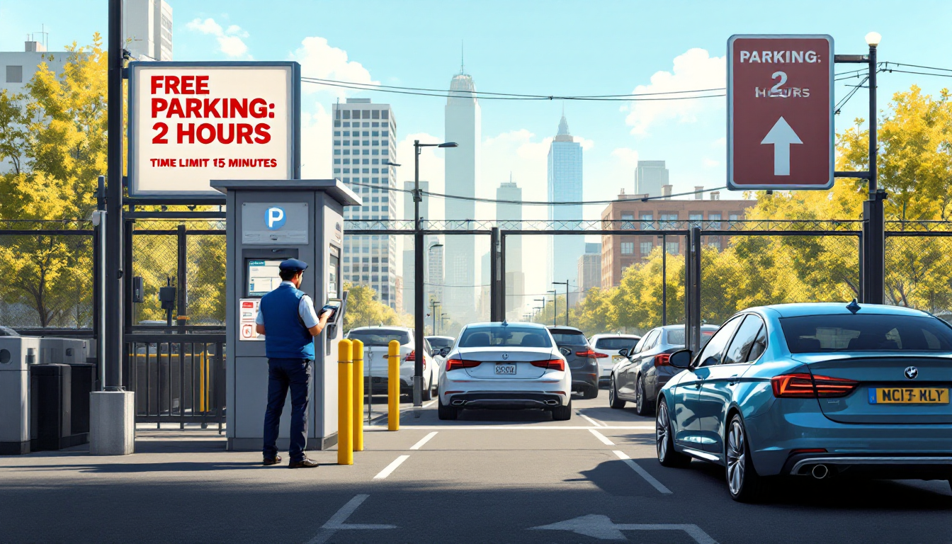 주차장 입구에서 무료주차 여부와 시간 제한을 확인하는 장면