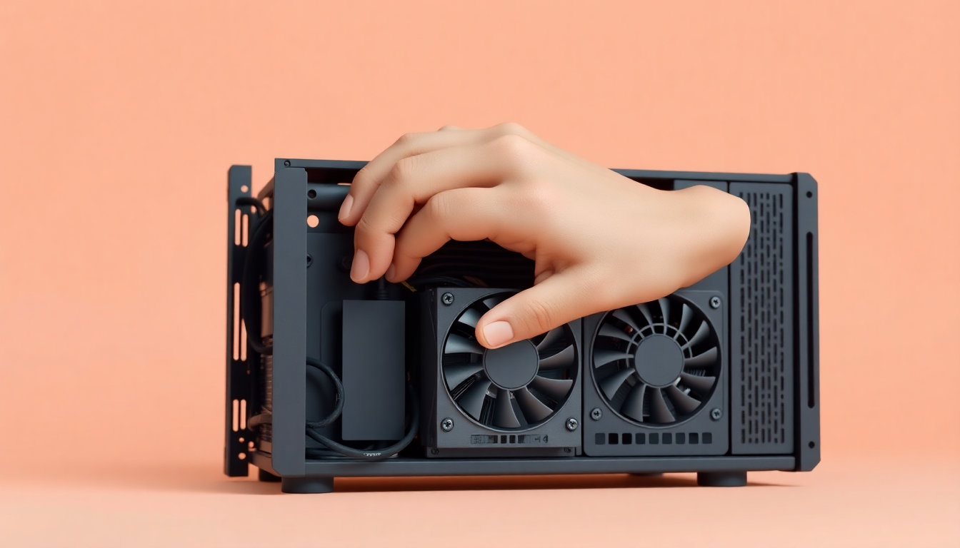 중고 ASIC 채굴기를 손으로 세밀하게 점검하는 장면의 클레이 질감 3D 이미지