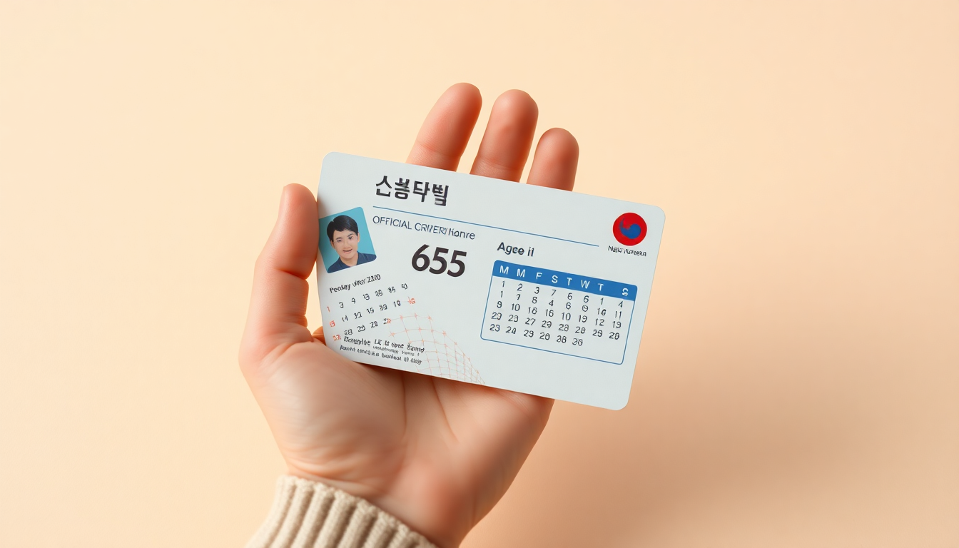 기초연금 수급 대상자의 나이와 국적 요건을 상징하는 65세 생일이 적힌 달력과 신분증을 손에 들고 있는 부드러운 3D 클레이 모델